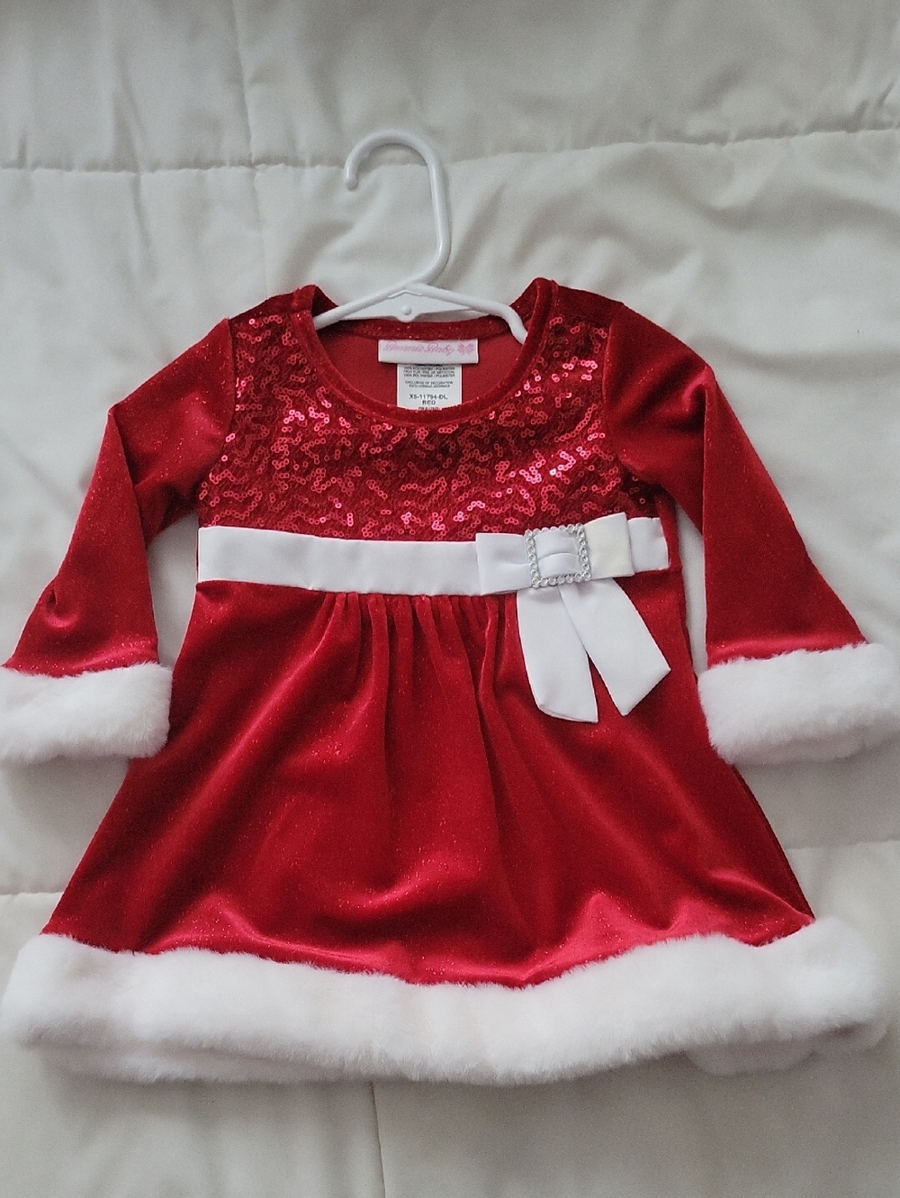 Red Sequin Holiday Dress with White Bow Trim
